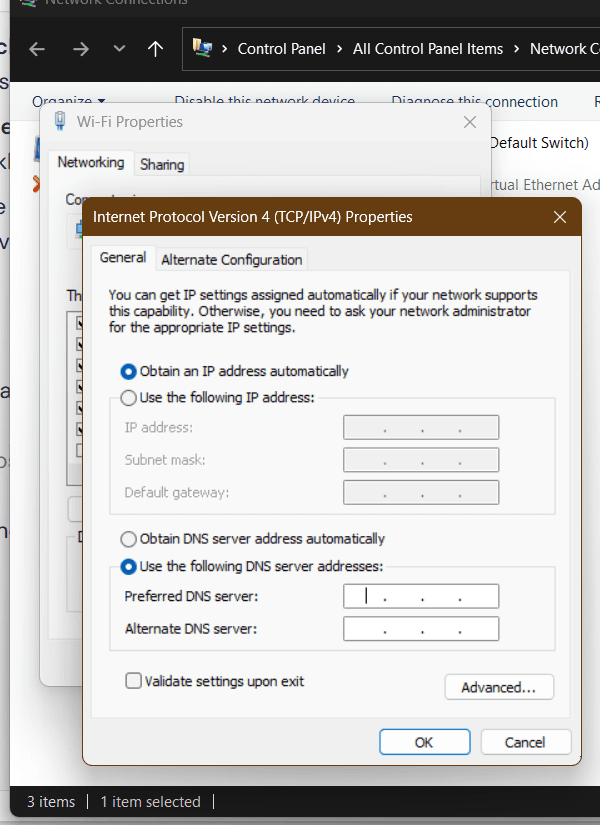 Image showing the steps to change DNS to fix Windows updates issue