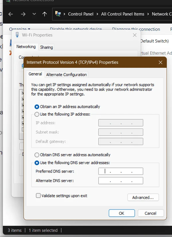 Image showing the steps to change DNS to fix Windows updates issue