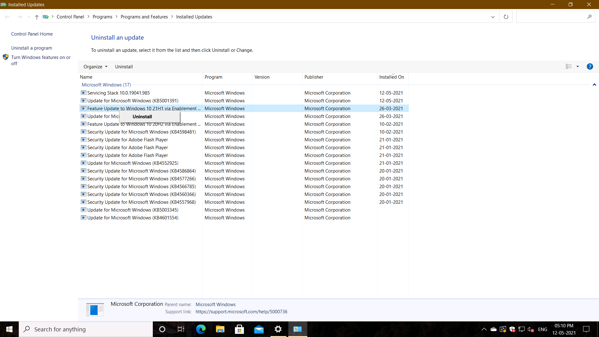 Uninstall Windows 10 21h1