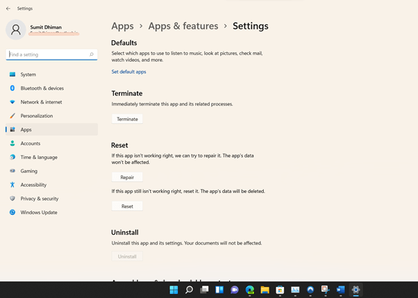 Reset App in Windows 11