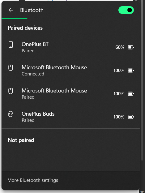Bluetooth menu in Windows 11 22H2