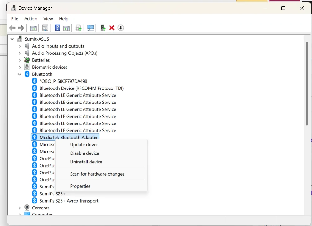Uninstall device option to fix Bluetooth problems in Windows