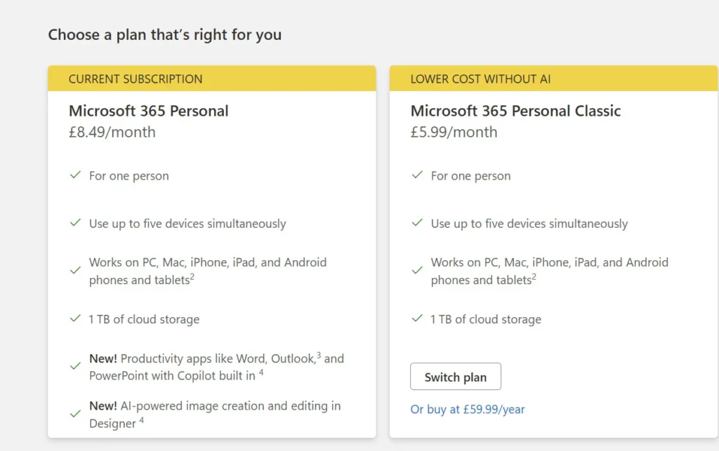 Use Microsoft 365 without Copilot 2 Use Microsoft 365 without copilot by switching to Personal Classic subscription