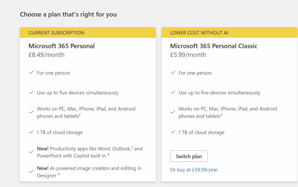 Use Microsoft 365 without copilot by switching to Personal Classic subscription