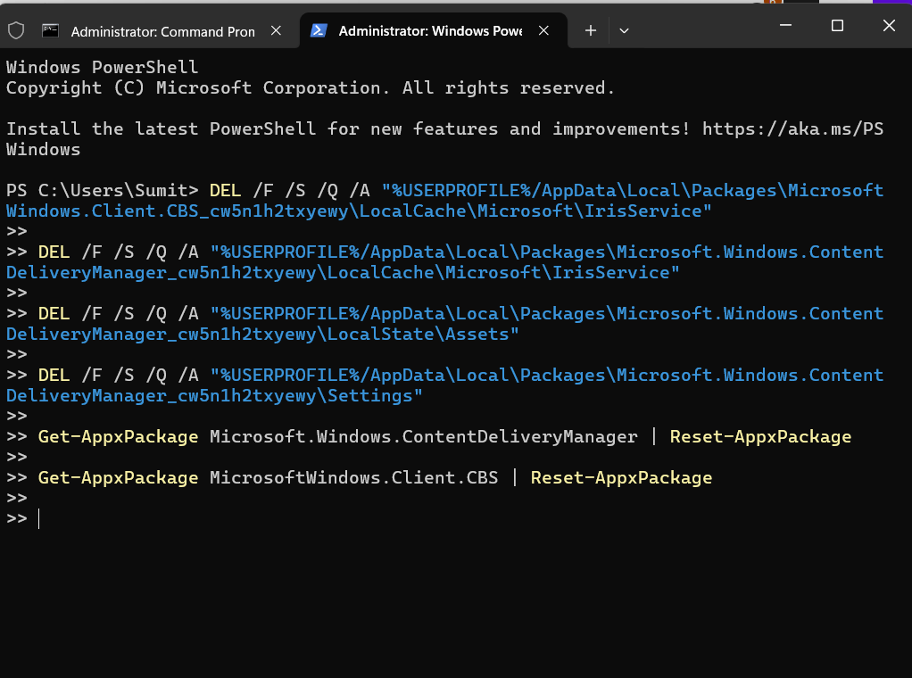 Powershell commands to execute if Windows Spotlight is not working in Windows 11
