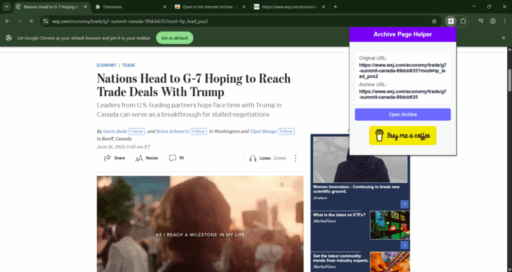 Acess Paywalled Web pages using Open in the Internet Archive.