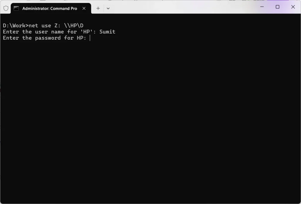 Map or add network drive in Windows 11 using CMD 1 Image showing the command to add a network drive in Windows 11 using CMD