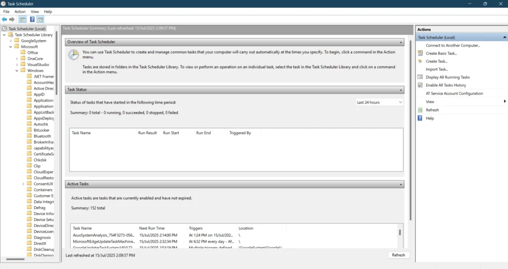 Image showing Task scheduler home page to disable killernetworkmanagerlauncher task.