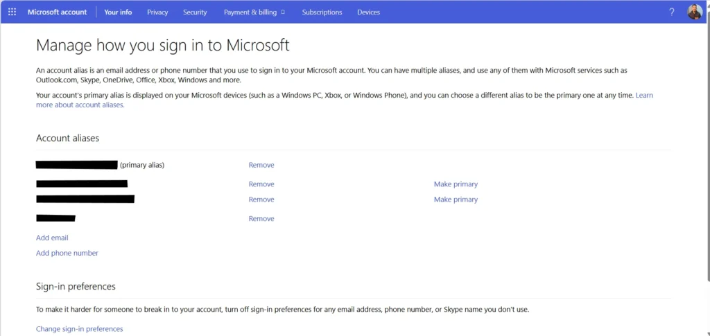 How to fix Too Many requests error in Outlook 2 Image showing Microsoft Account Profile page.
