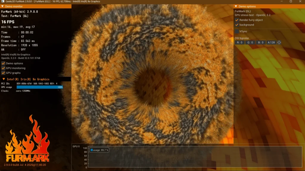 Image showinng Furmark running to  stress test GPU in Windows