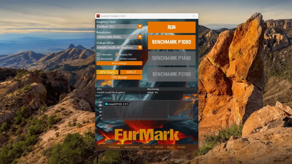 Furmark stress test GPU software home screen.