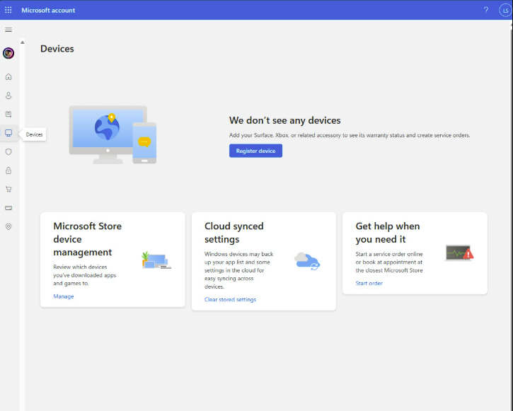 account.microsoft.com/devices page is empty