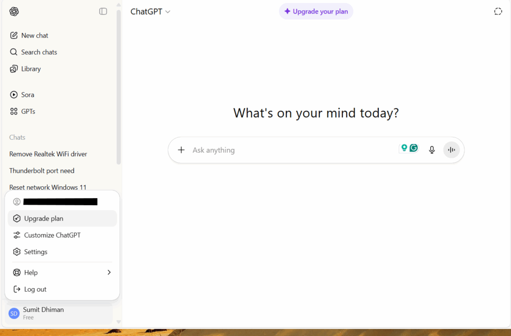 Image showing ChatGPT menu, which would tell how to cancel chatgpt subscription