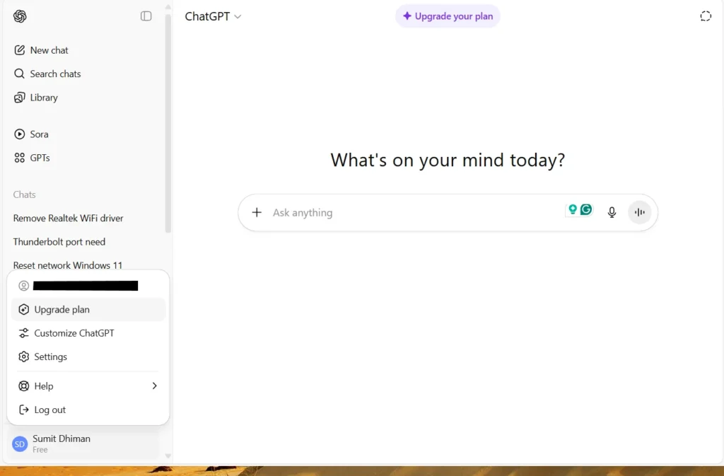 Image showing ChatGPT menu, which would tell how to cancel chatgpt subscription