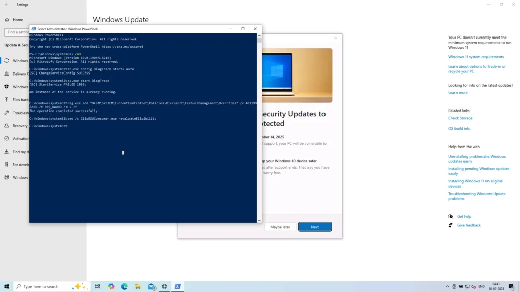 Commands if you can't enroll in Windows 10 ESU Program