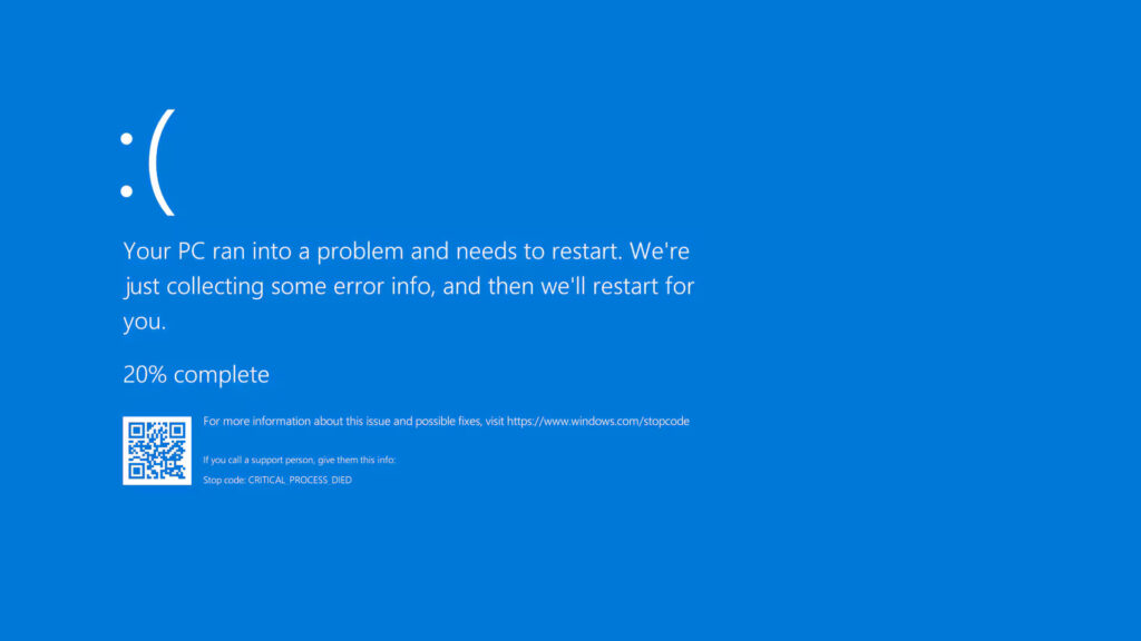Blue screen of death in Windows with CRITICAL_PROCESS_DIED error messgae.