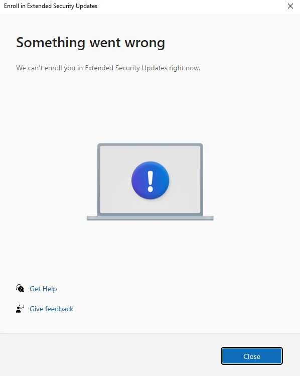 ESU Something went wrong error in Windows 10